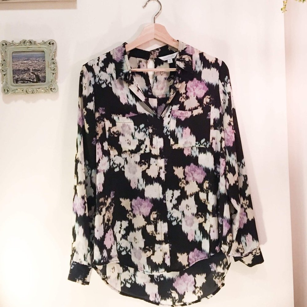 Pastel Watercolor Floral Print Black Blouse